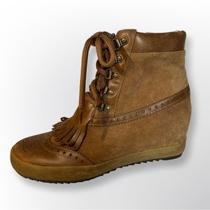 Sundance Brown Mam Zelle Leather Fringe Toe W/ Side Zippers Boots Size: 38 EUR